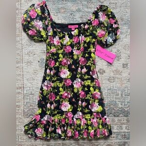 Betsey Johnson Goldie mini raven black floral rose stretch lace dress sz XS new